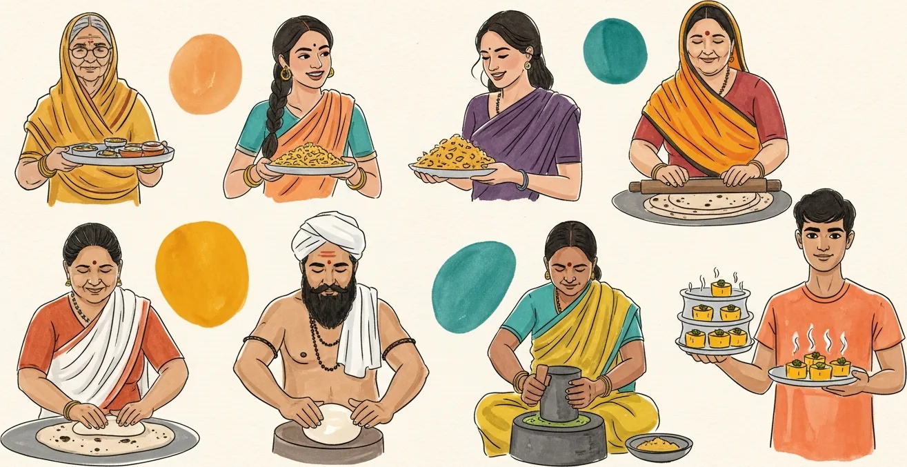 Watercolor collage of home cooks from different Indian kitchens