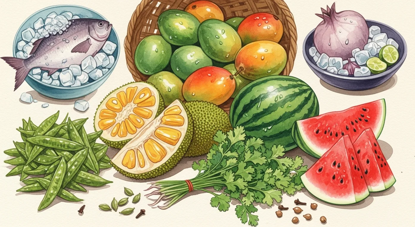 Watercolor of seasonal fruits, vegetables and spices spilling from a jute basket