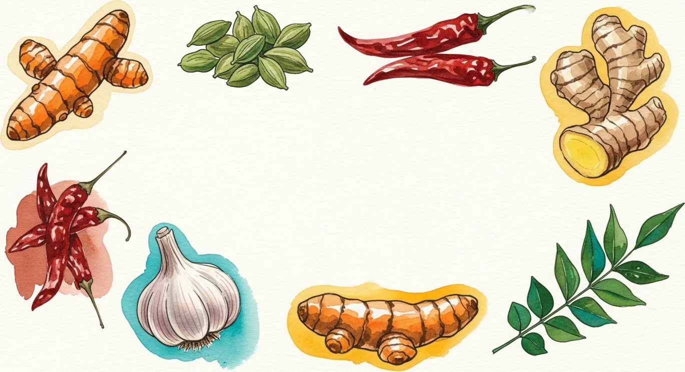 Scattered raw Indian ingredients — turmeric, cardamom, chilies, garlic — in watercolor