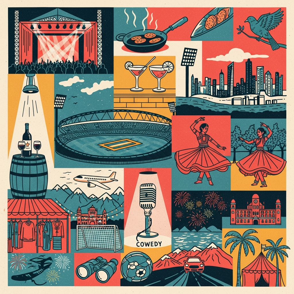 Illustrated collage of food and city life